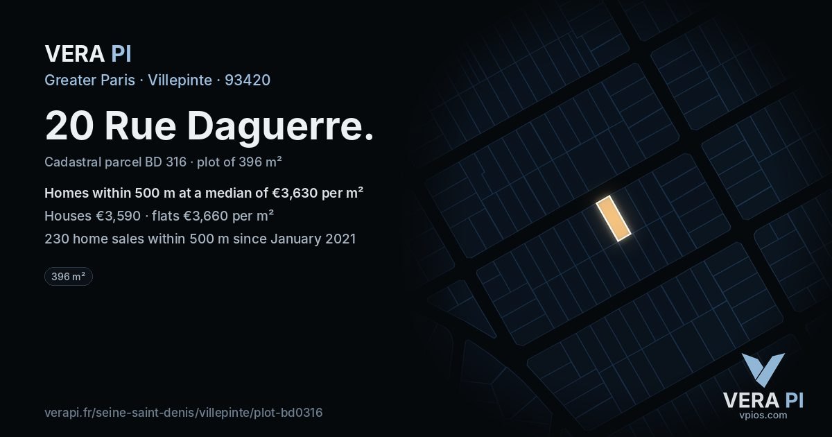 20 Rue Daguerre, Villepinte at night – the plot lit, the parcels around coloured by the prices near them