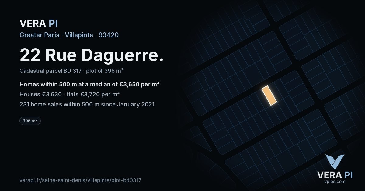 22 Rue Daguerre, Villepinte at night – the plot lit, the parcels around coloured by the prices near them