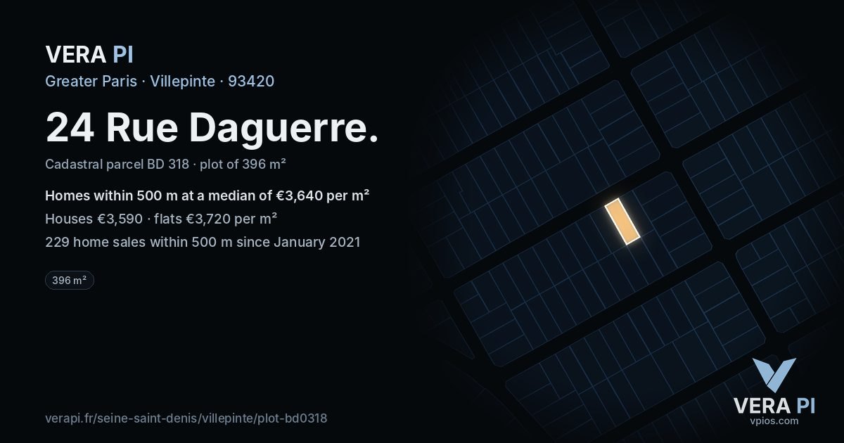 24 Rue Daguerre, Villepinte at night – the plot lit, the parcels around coloured by the prices near them