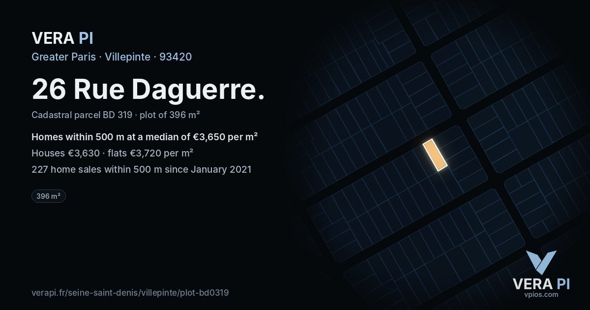26 Rue Daguerre, Villepinte at night – the plot lit, the parcels around coloured by the prices near them