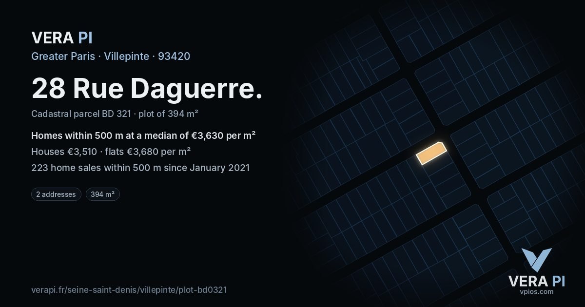 28 Rue Daguerre, Villepinte at night – the plot lit, the parcels around coloured by the prices near them