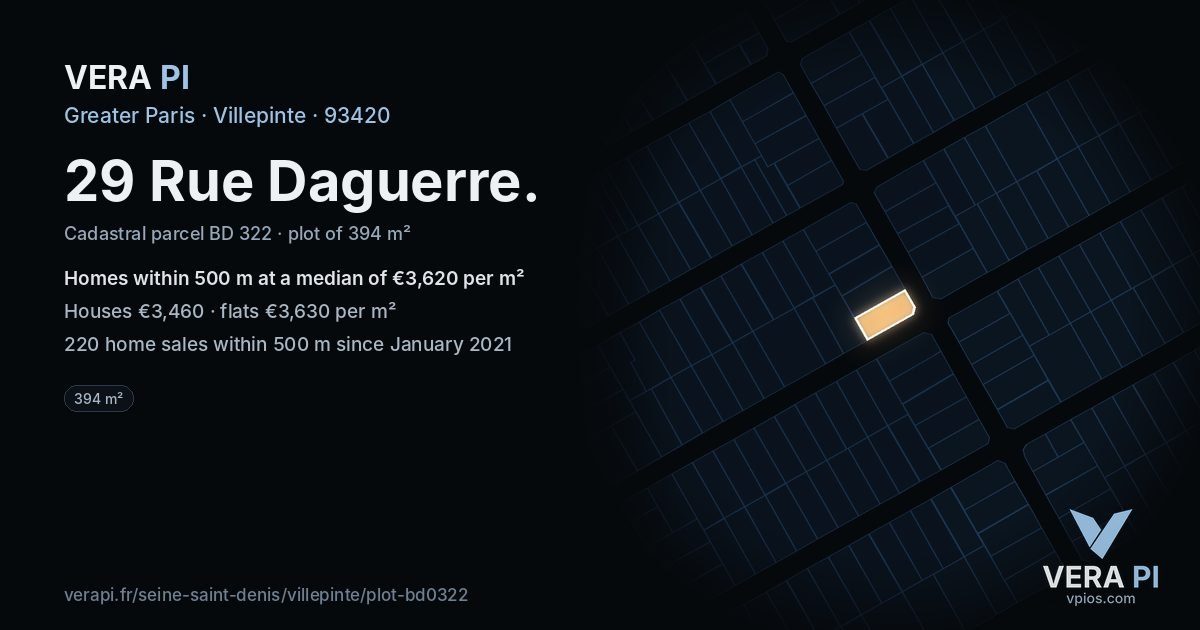 29 Rue Daguerre, Villepinte at night – the plot lit, the parcels around coloured by the prices near them