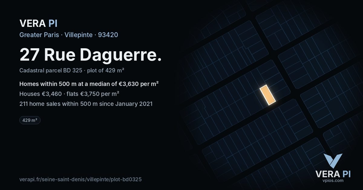 27 Rue Daguerre, Villepinte at night – the plot lit, the parcels around coloured by the prices near them