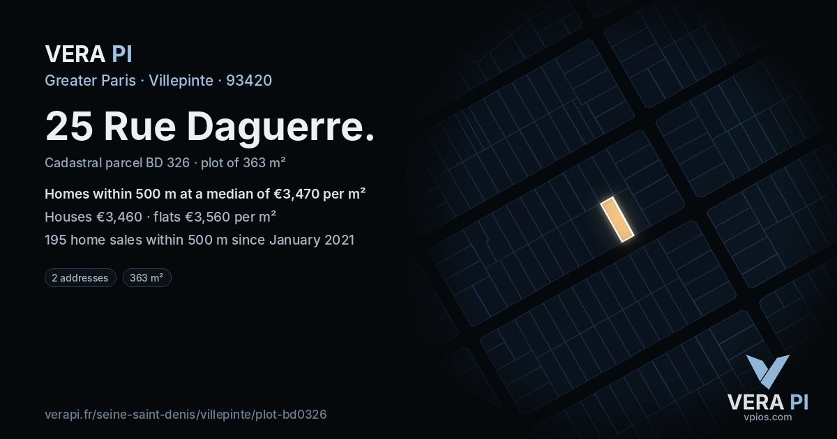 25 Rue Daguerre, Villepinte at night – the plot lit, the parcels around coloured by the prices near them