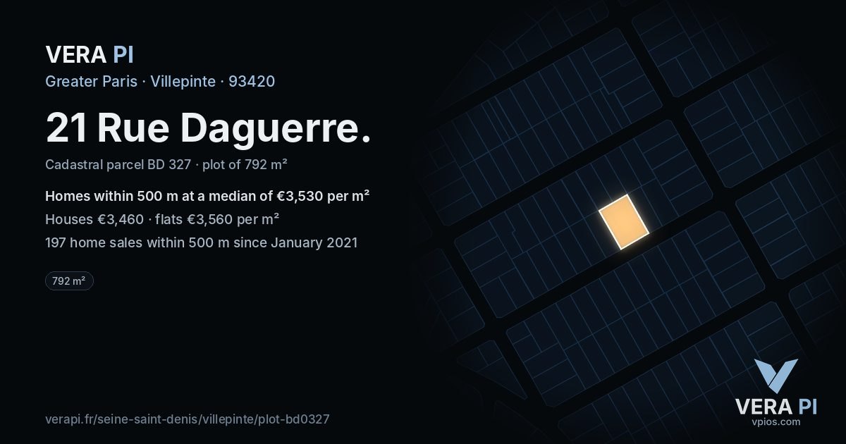 21 Rue Daguerre, Villepinte at night – the plot lit, the parcels around coloured by the prices near them