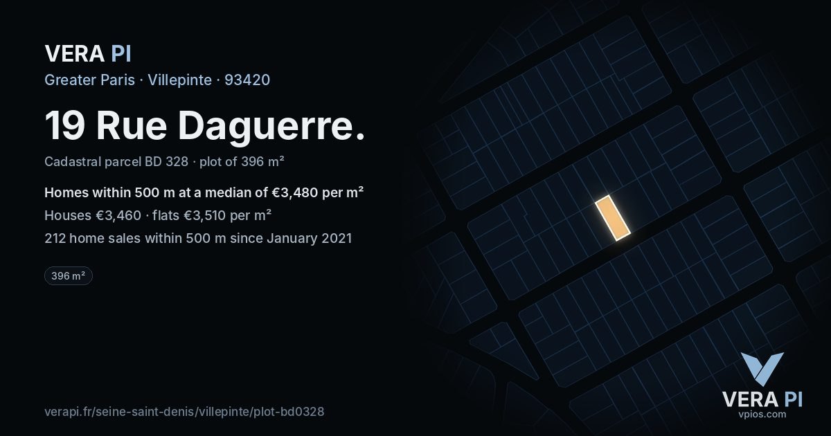 19 Rue Daguerre, Villepinte at night – the plot lit, the parcels around coloured by the prices near them