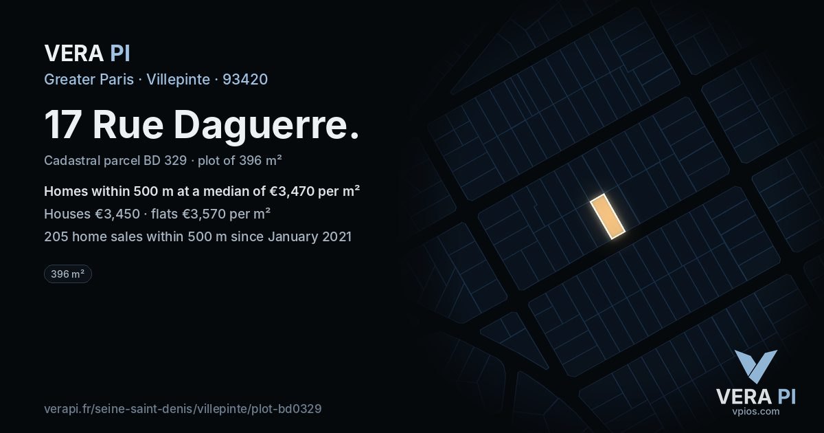 17 Rue Daguerre, Villepinte at night – the plot lit, the parcels around coloured by the prices near them