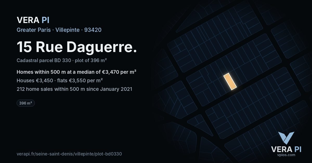 15 Rue Daguerre, Villepinte at night – the plot lit, the parcels around coloured by the prices near them