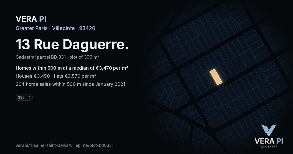13 Rue Daguerre, Villepinte at night – the plot lit, the parcels around coloured by the prices near them