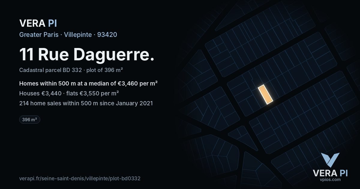 11 Rue Daguerre, Villepinte at night – the plot lit, the parcels around coloured by the prices near them
