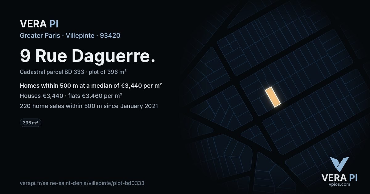 9 Rue Daguerre, Villepinte at night – the plot lit, the parcels around coloured by the prices near them