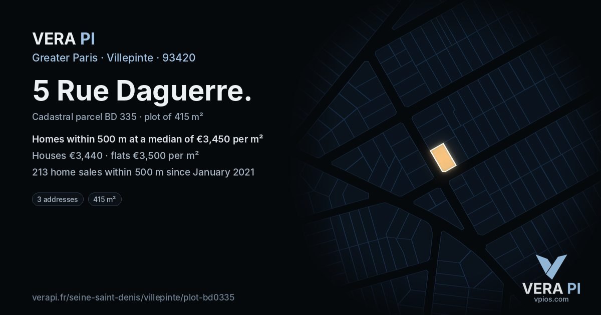5 Rue Daguerre, Villepinte at night – the plot lit, the parcels around coloured by the prices near them