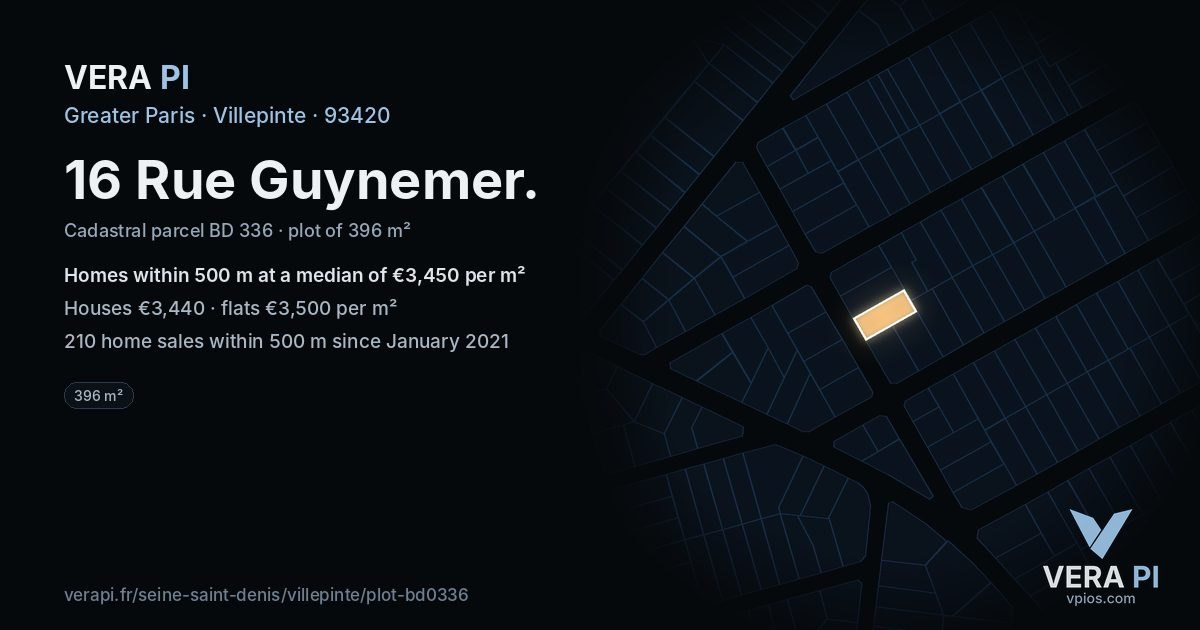 16 Rue Guynemer, Villepinte at night – the plot lit, the parcels around coloured by the prices near them