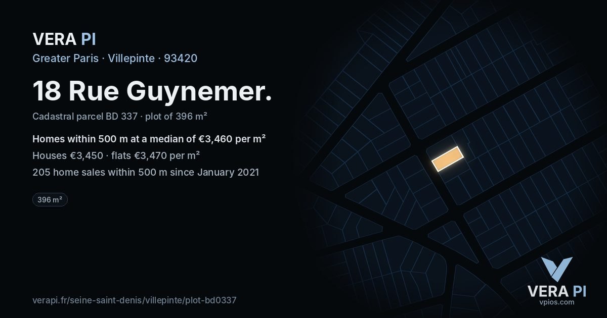 18 Rue Guynemer, Villepinte at night – the plot lit, the parcels around coloured by the prices near them