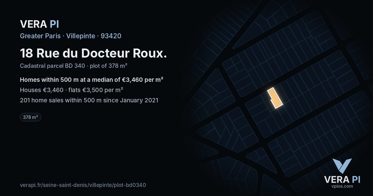 18 Rue du Docteur Roux, Villepinte at night – the plot lit, the parcels around coloured by the prices near them