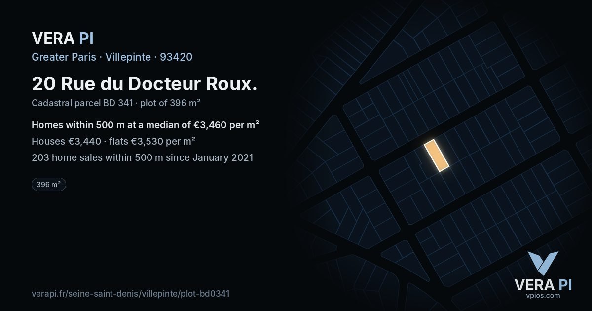 20 Rue du Docteur Roux, Villepinte at night – the plot lit, the parcels around coloured by the prices near them