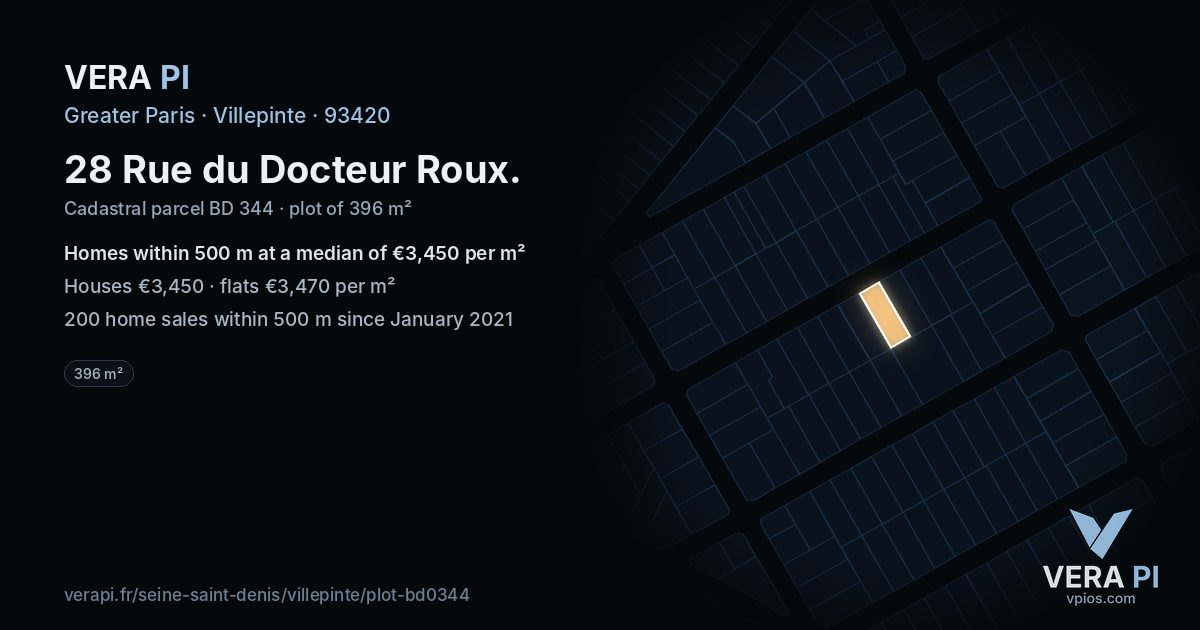 28 Rue du Docteur Roux, Villepinte at night – the plot lit, the parcels around coloured by the prices near them