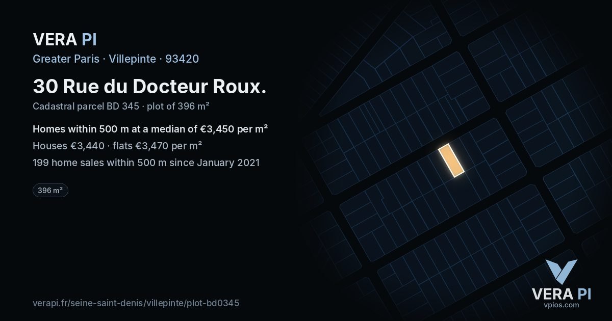 30 Rue du Docteur Roux, Villepinte at night – the plot lit, the parcels around coloured by the prices near them