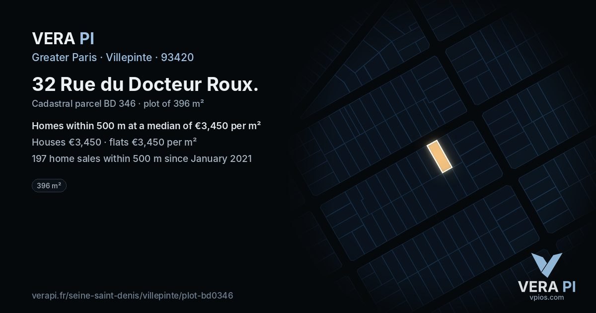 32 Rue du Docteur Roux, Villepinte at night – the plot lit, the parcels around coloured by the prices near them