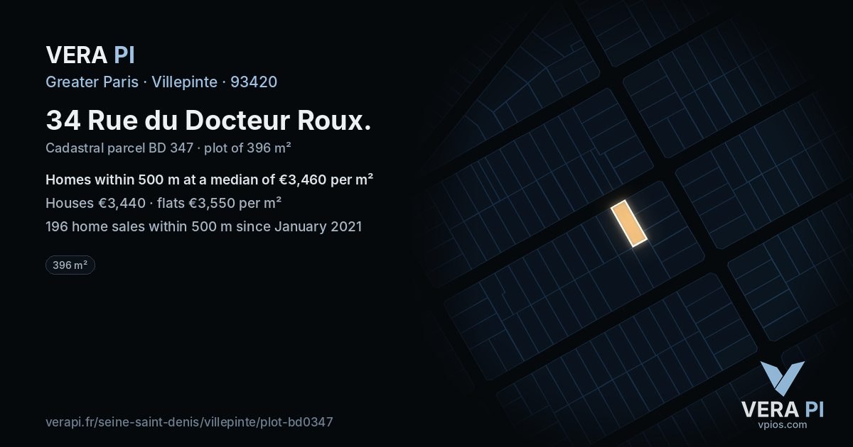 34 Rue du Docteur Roux, Villepinte at night – the plot lit, the parcels around coloured by the prices near them