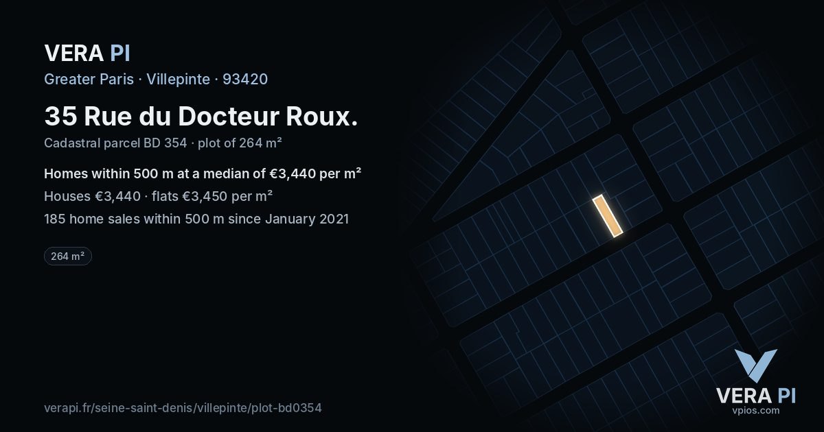 35 Rue du Docteur Roux, Villepinte at night – the plot lit, the parcels around coloured by the prices near them