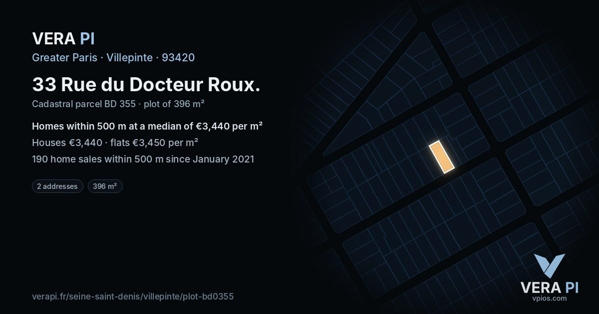 33 Rue du Docteur Roux, Villepinte at night – the plot lit, the parcels around coloured by the prices near them