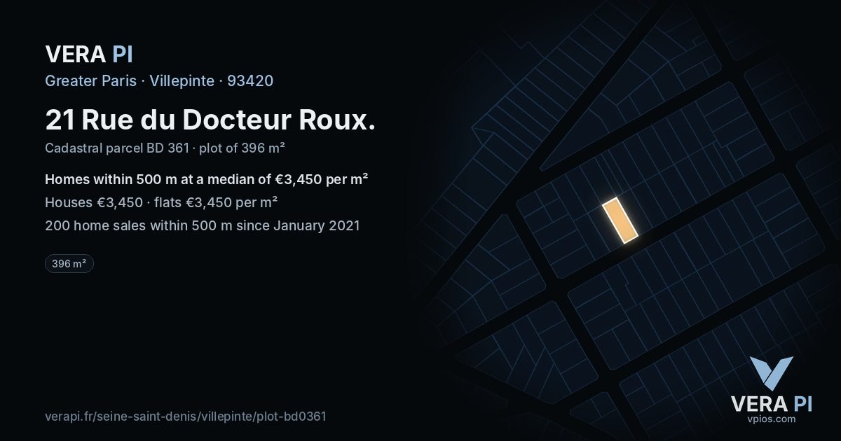 21 Rue du Docteur Roux, Villepinte at night – the plot lit, the parcels around coloured by the prices near them