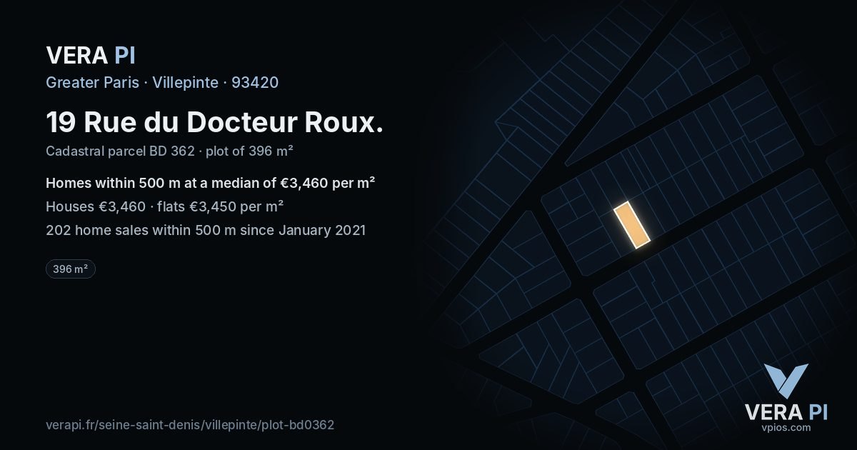 19 Rue du Docteur Roux, Villepinte at night – the plot lit, the parcels around coloured by the prices near them