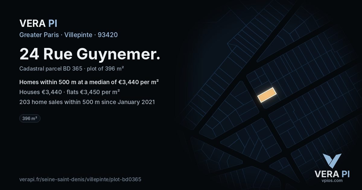 24 Rue Guynemer, Villepinte at night – the plot lit, the parcels around coloured by the prices near them