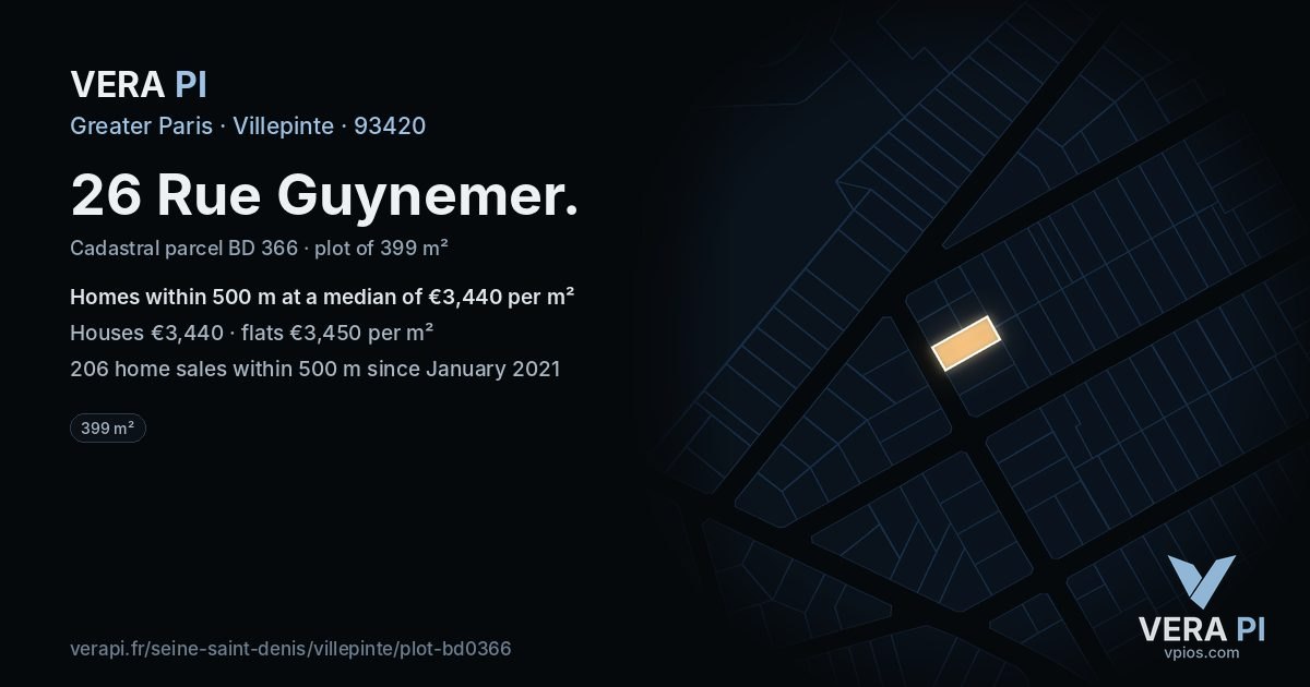 26 Rue Guynemer, Villepinte at night – the plot lit, the parcels around coloured by the prices near them