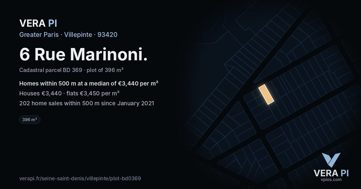 6 Rue Marinoni, Villepinte at night – the plot lit, the parcels around coloured by the prices near them