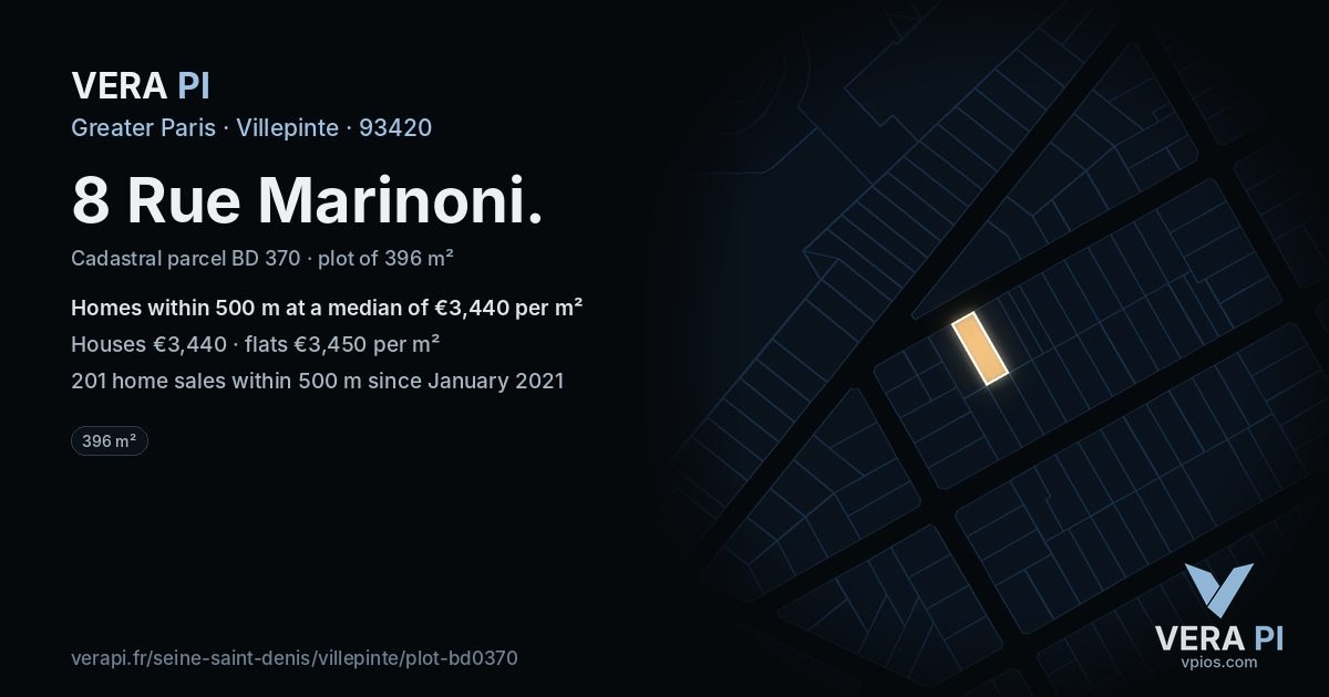 8 Rue Marinoni, Villepinte at night – the plot lit, the parcels around coloured by the prices near them
