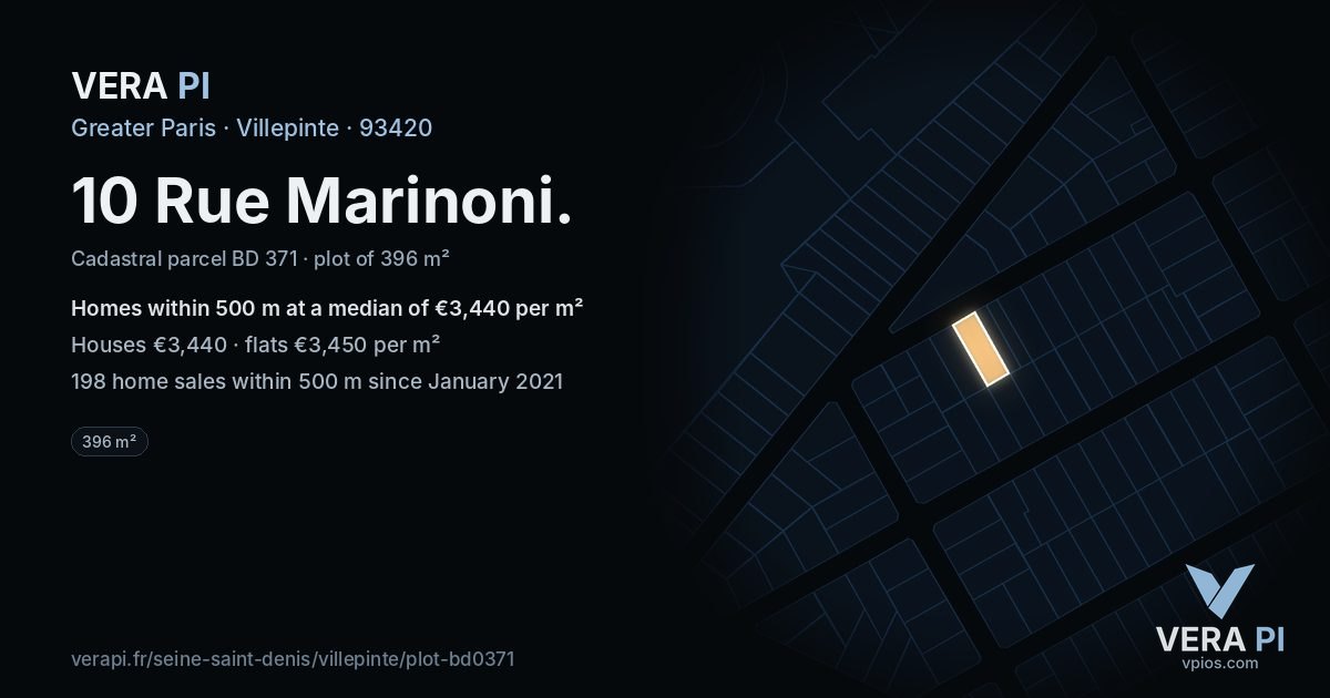 10 Rue Marinoni, Villepinte at night – the plot lit, the parcels around coloured by the prices near them