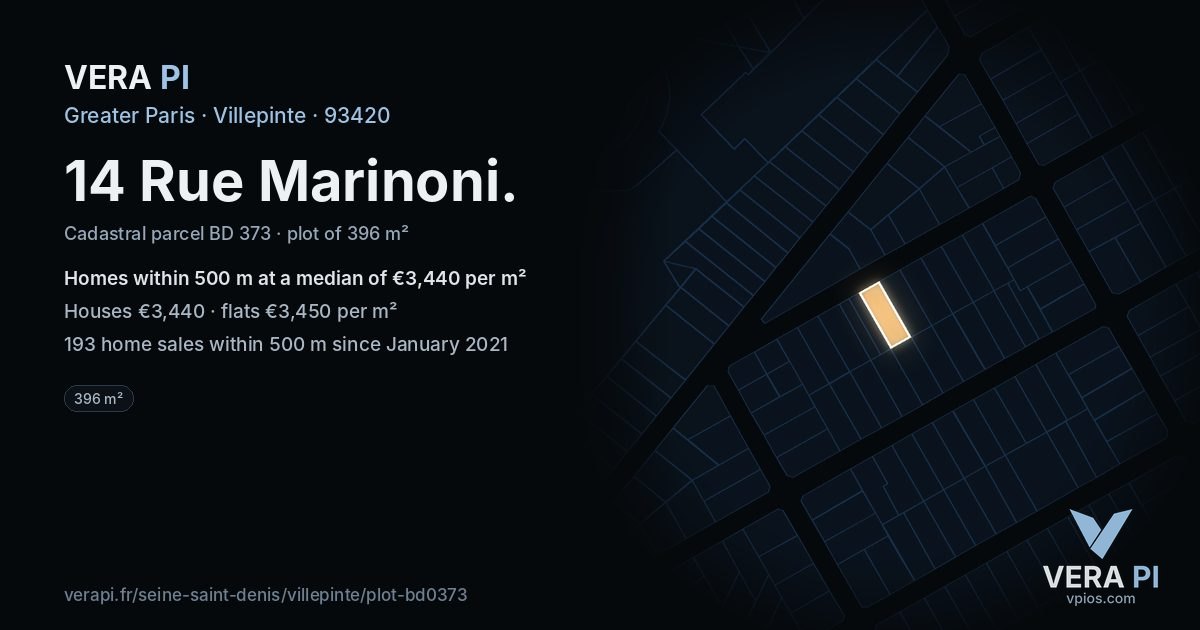 14 Rue Marinoni, Villepinte at night – the plot lit, the parcels around coloured by the prices near them