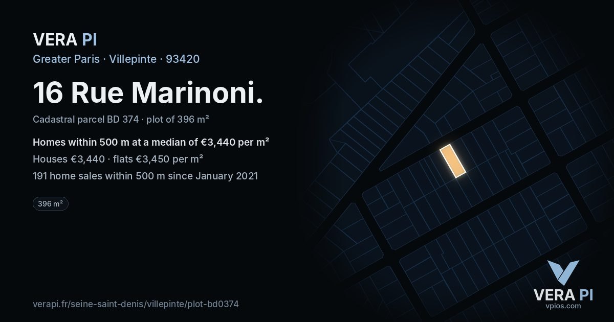 16 Rue Marinoni, Villepinte at night – the plot lit, the parcels around coloured by the prices near them
