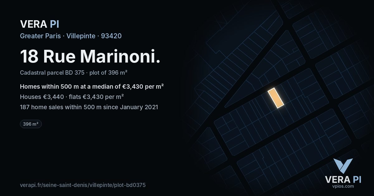 18 Rue Marinoni, Villepinte at night – the plot lit, the parcels around coloured by the prices near them