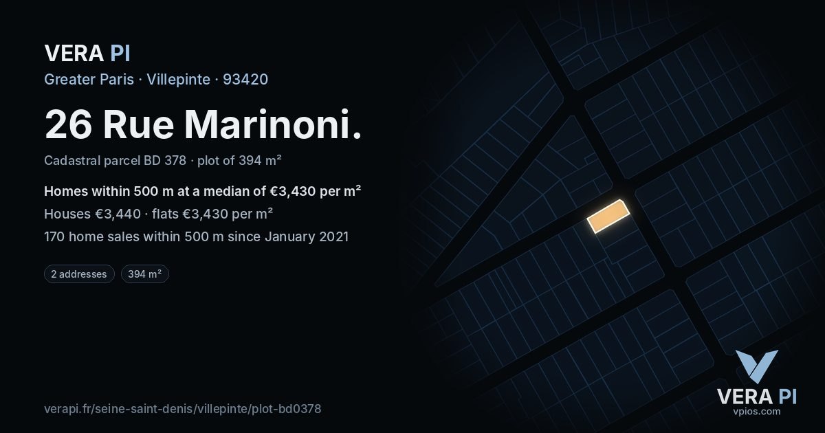 26 Rue Marinoni, Villepinte at night – the plot lit, the parcels around coloured by the prices near them