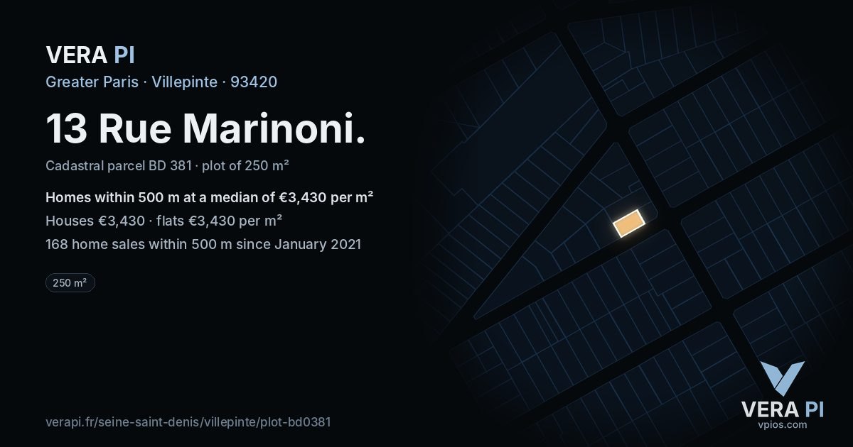 13 Rue Marinoni, Villepinte at night – the plot lit, the parcels around coloured by the prices near them