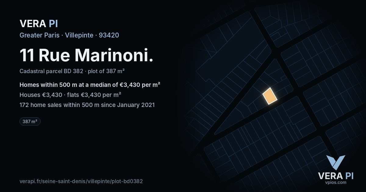 11 Rue Marinoni, Villepinte at night – the plot lit, the parcels around coloured by the prices near them