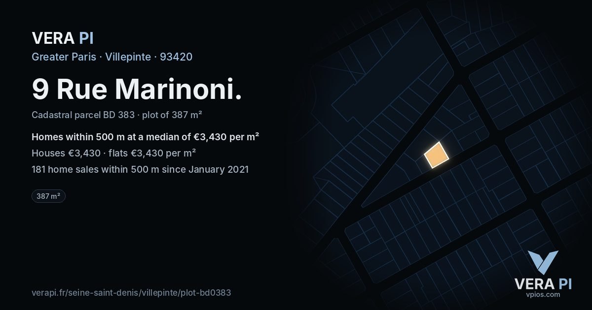 9 Rue Marinoni, Villepinte at night – the plot lit, the parcels around coloured by the prices near them