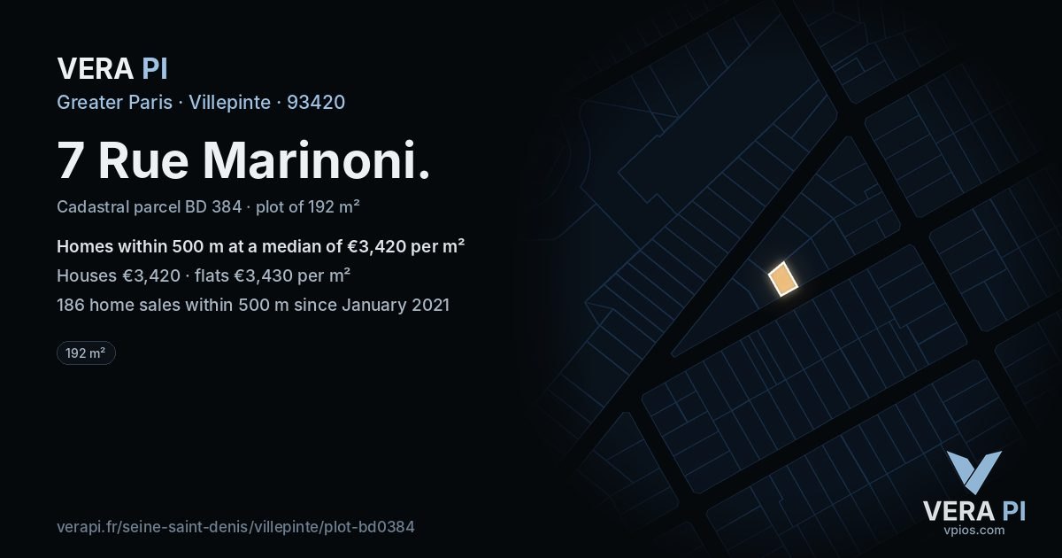 7 Rue Marinoni, Villepinte at night – the plot lit, the parcels around coloured by the prices near them