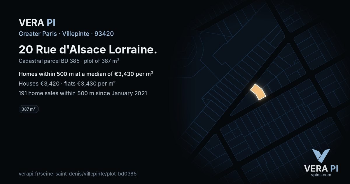 20 Rue d'Alsace Lorraine, Villepinte at night – the plot lit, the parcels around coloured by the prices near them