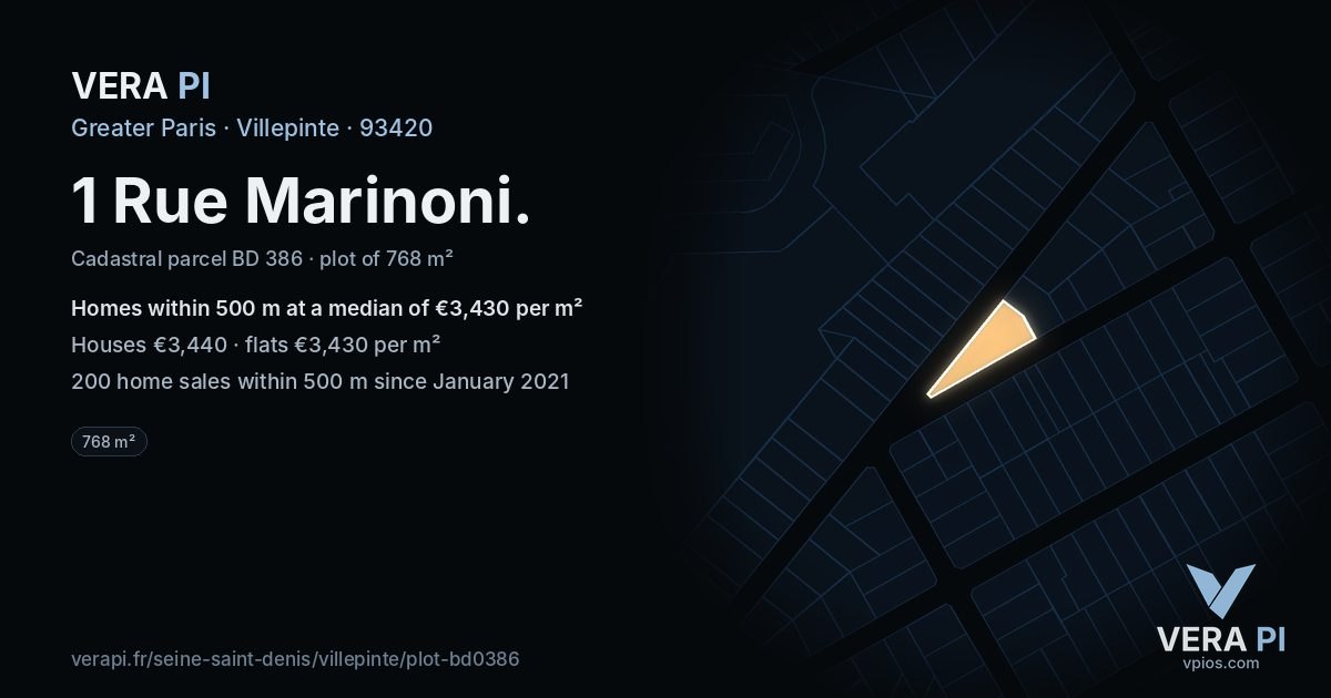1 Rue Marinoni, Villepinte at night – the plot lit, the parcels around coloured by the prices near them