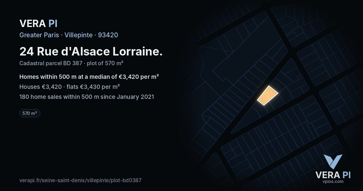 24 Rue d'Alsace Lorraine, Villepinte at night – the plot lit, the parcels around coloured by the prices near them