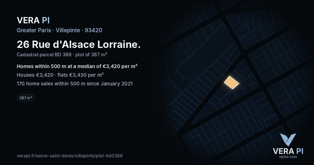 26 Rue d'Alsace Lorraine, Villepinte at night – the plot lit, the parcels around coloured by the prices near them
