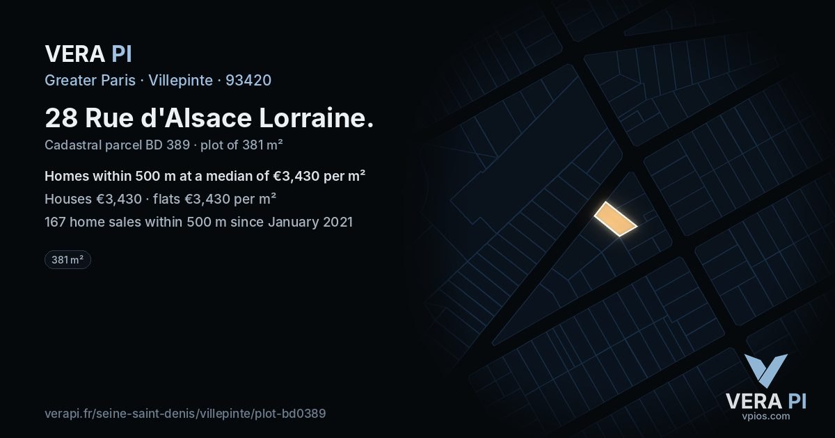 28 Rue d'Alsace Lorraine, Villepinte at night – the plot lit, the parcels around coloured by the prices near them