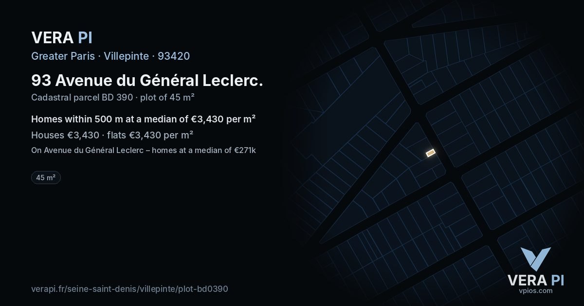 93 Avenue du Général Leclerc, Villepinte at night – the plot lit, the parcels around coloured by the prices near them