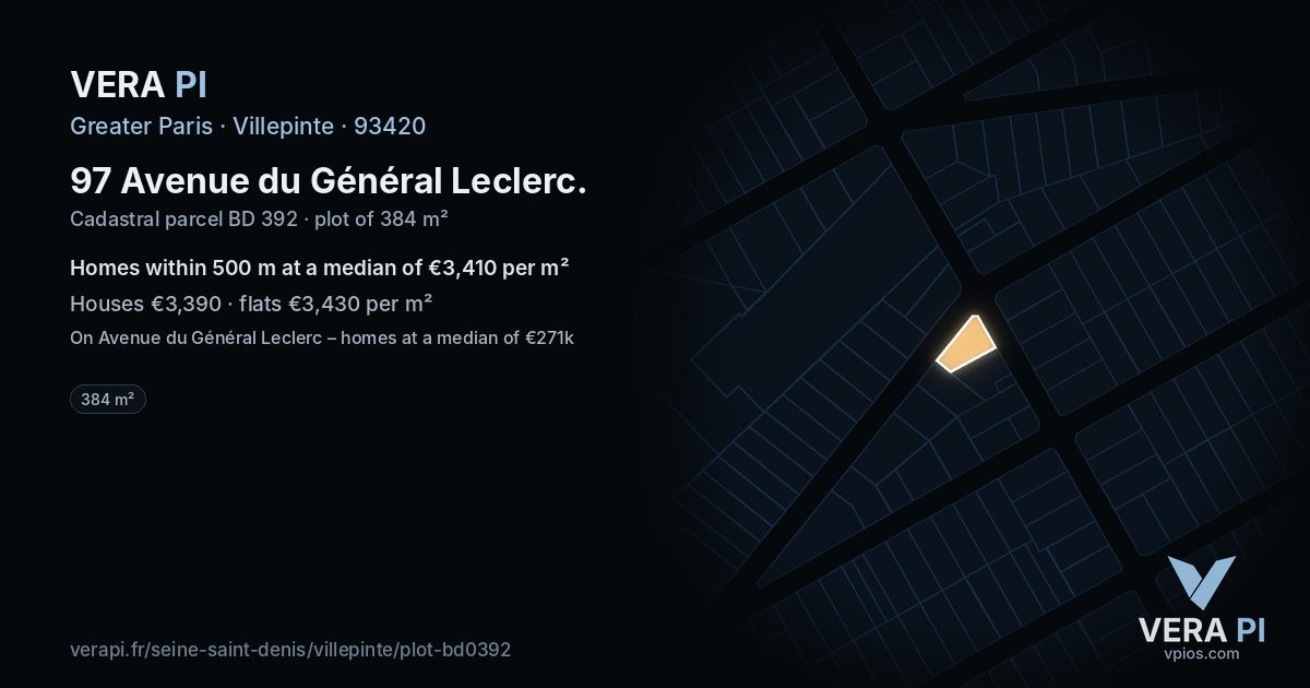 97 Avenue du Général Leclerc, Villepinte at night – the plot lit, the parcels around coloured by the prices near them