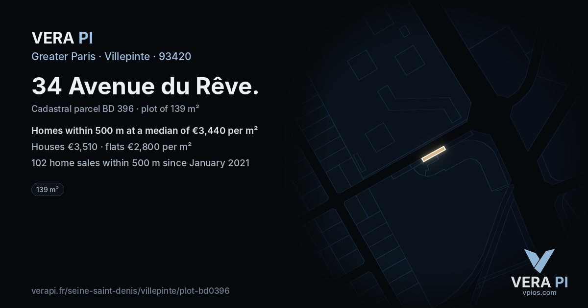 34 Avenue du Rêve, Villepinte at night – the plot lit, the parcels around coloured by the prices near them