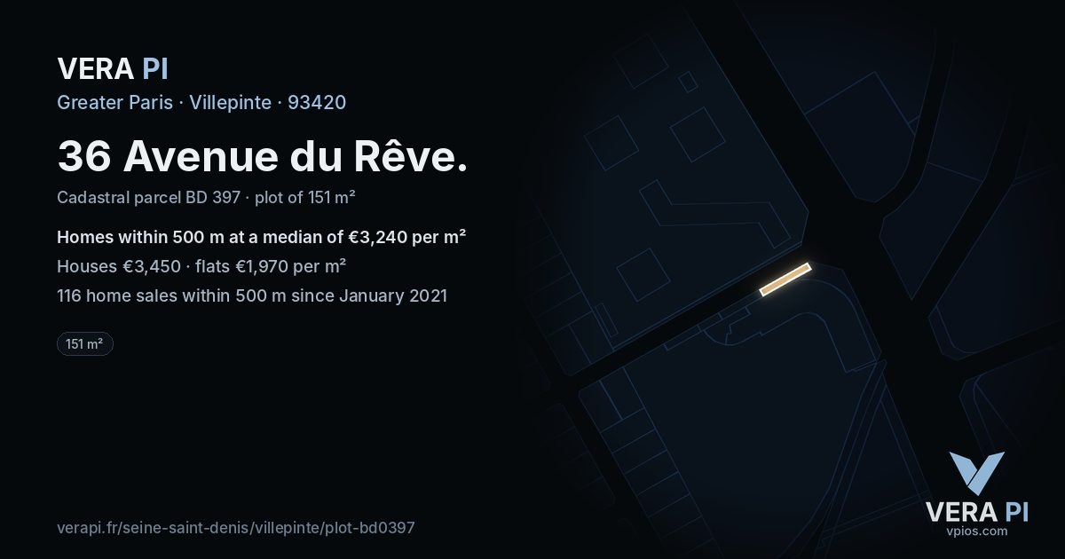 36 Avenue du Rêve, Villepinte at night – the plot lit, the parcels around coloured by the prices near them